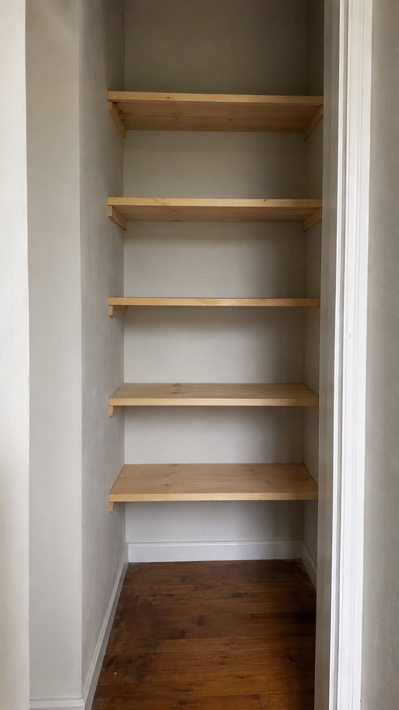 After — fitted timber alcove shelving in a Stockbridge flat